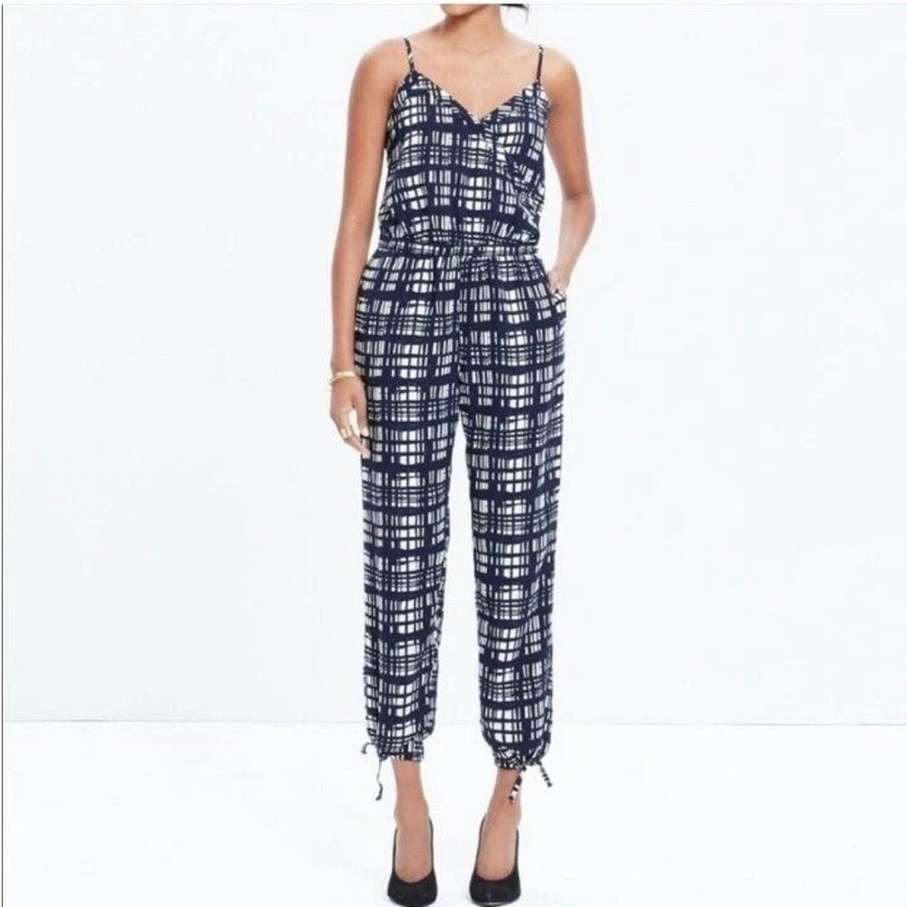 Madewell Faux Wrap Cami Jumpsuit Black White Brushstroke Plaid  Womens M‎ NEW